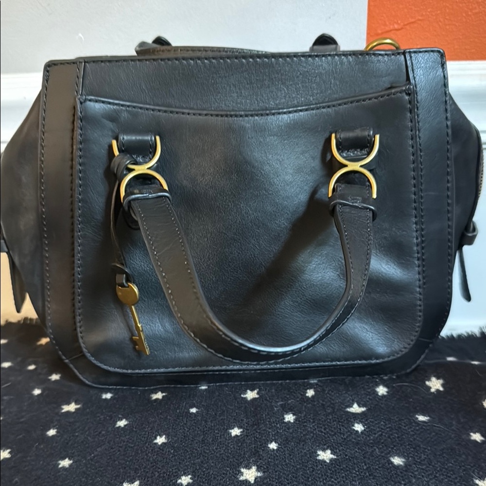 Fossil Black and Gold Satchel with Structured Design